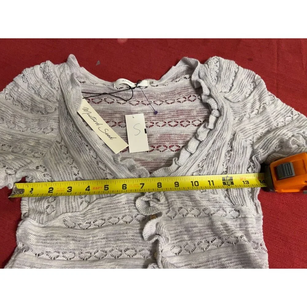 Mustard Seed NEW Ruffle Cardigan Sweater Size S Gray Knit Long Sleeve Cropped Bu - Picture 3 of 11